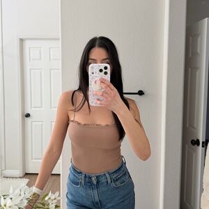 Ribbed Strapless Cami Thong Bodysuit in Brown